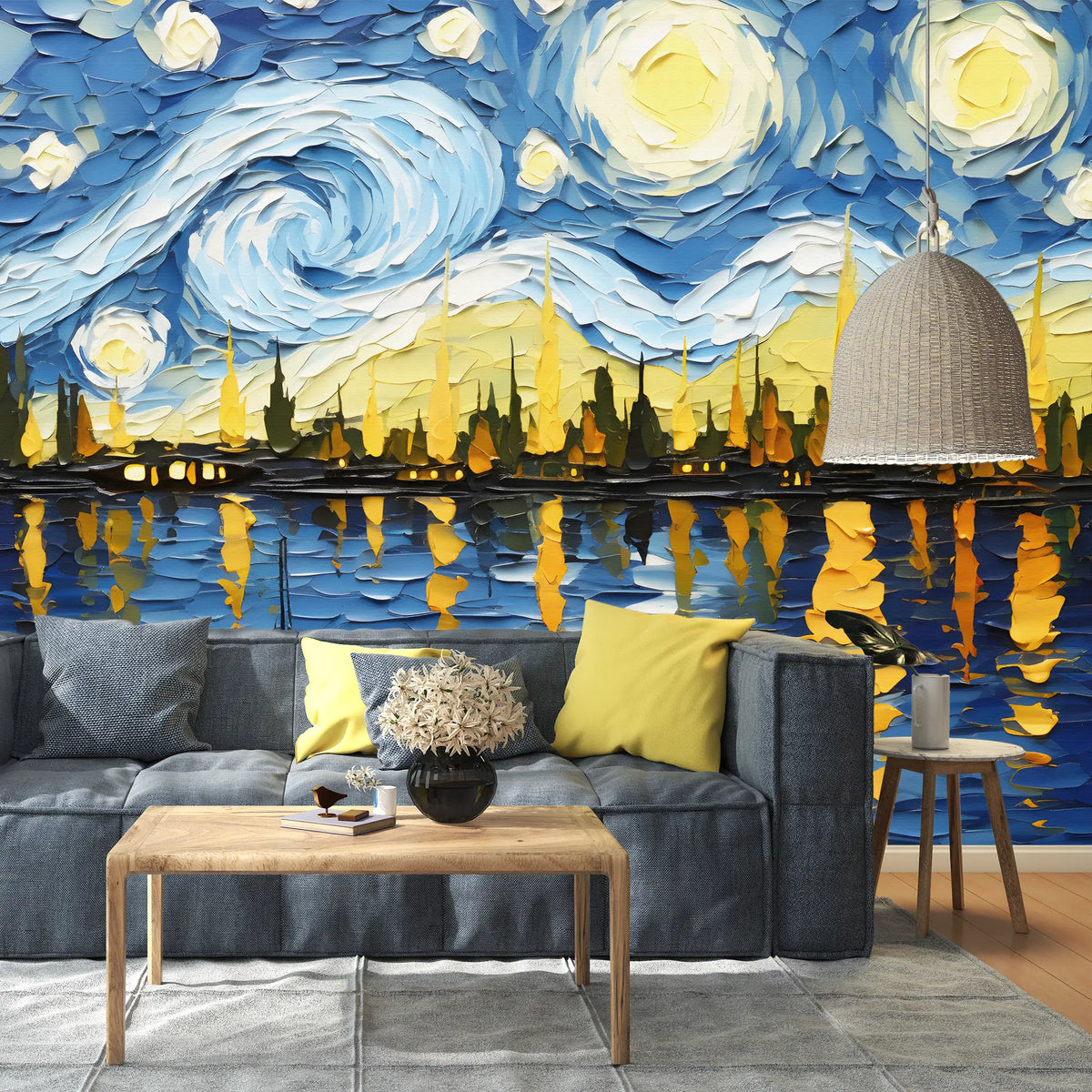 3282 / Starry Night Inspired Canvas Art, Impressionist Cityscape, Nautical Wall Decor, Vibrant Seascape Painting, Expressionist Skyline Art - Artevella