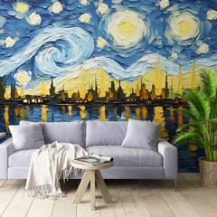 3282 / Starry Night Inspired Canvas Art, Impressionist Cityscape, Nautical Wall Decor, Vibrant Seascape Painting, Expressionist Skyline Art - Artevella