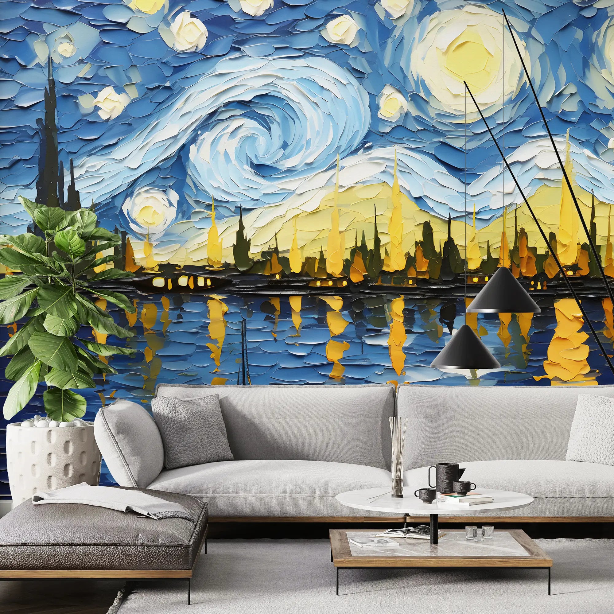 3282 / Starry Night Inspired Canvas Art, Impressionist Cityscape, Nautical Wall Decor, Vibrant Seascape Painting, Expressionist Skyline Art - Artevella