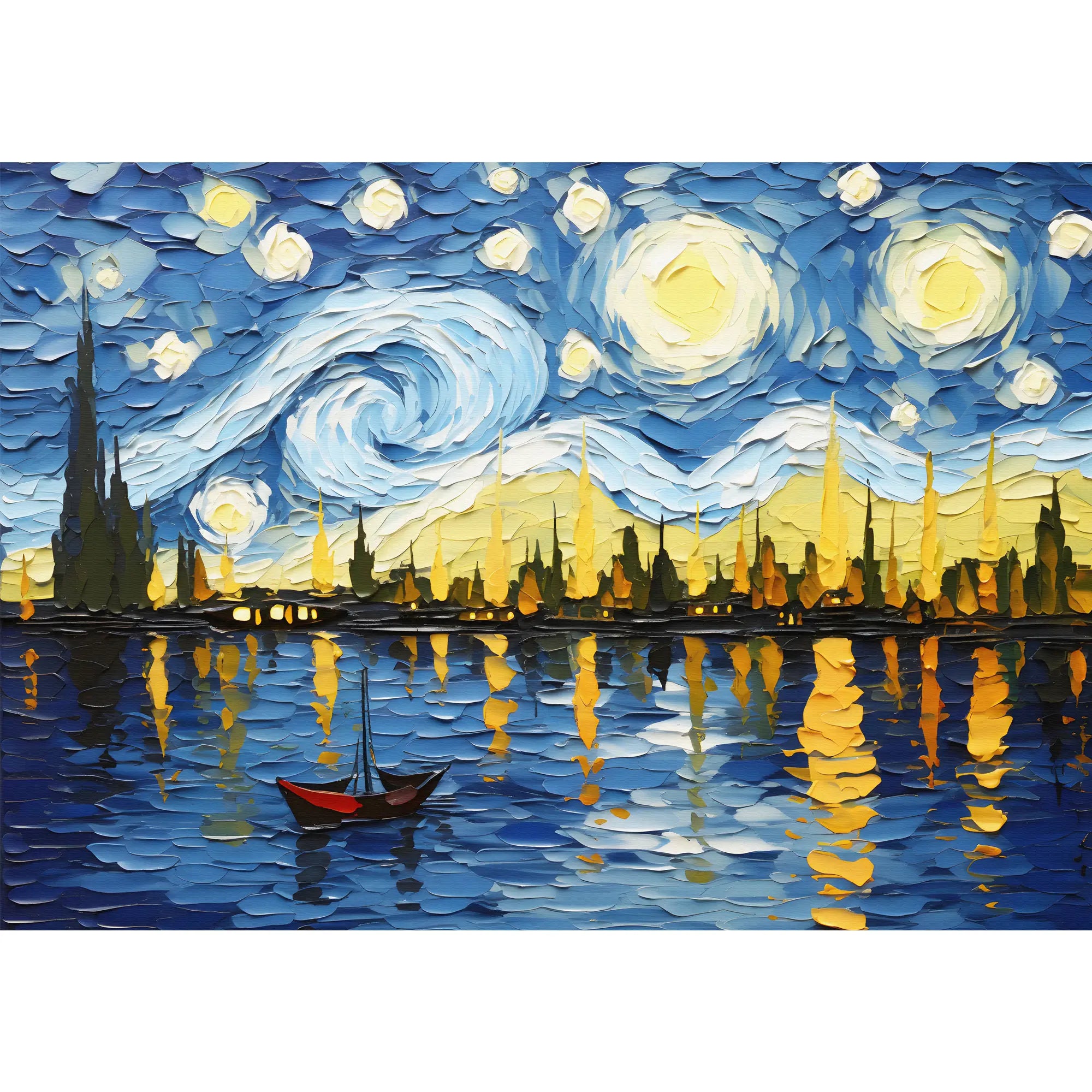 3282 / Starry Night Inspired Canvas Art, Impressionist Cityscape, Nautical Wall Decor, Vibrant Seascape Painting, Expressionist Skyline Art - Artevella