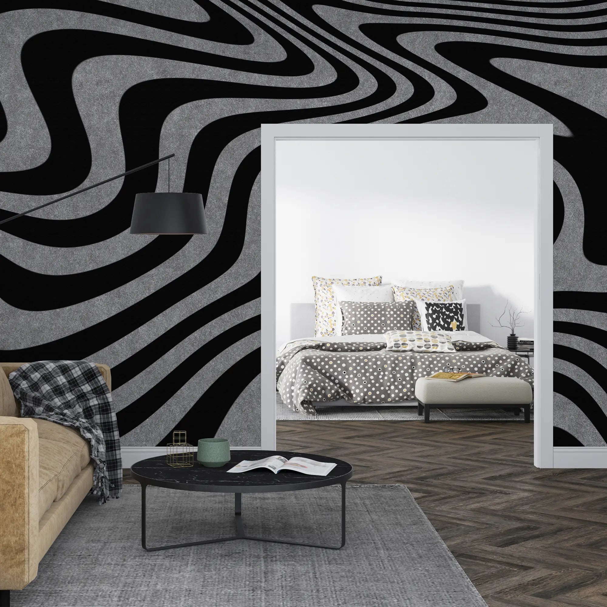 3286 / Abstract Optical Illusion Wallpaper, Modern Wavy Lines Wall Mural, Dynamic Monochrome Home Decor - Artevella