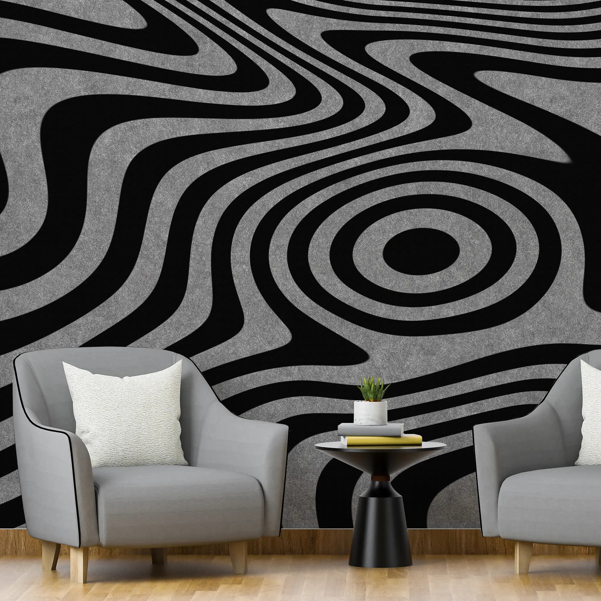 3286 / Abstract Optical Illusion Wallpaper, Modern Wavy Lines Wall Mural, Dynamic Monochrome Home Decor - Artevella