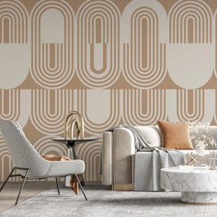 3287 / Retro Geometric Wallpaper, Bold Art Deco Wall Mural, Sophisticated Beige Home Decor - Artevella