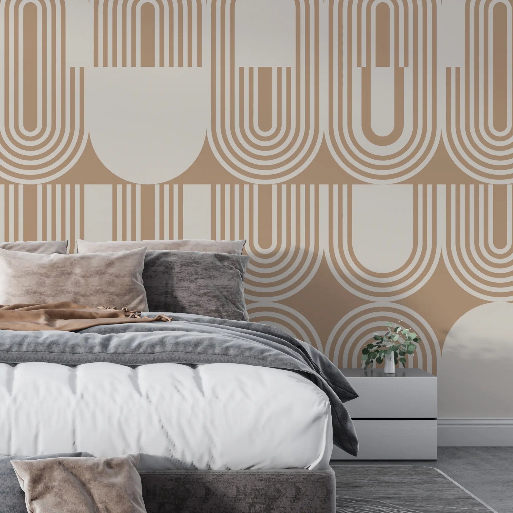 3287 / Retro Geometric Wallpaper, Bold Art Deco Wall Mural, Sophisticated Beige Home Decor - Artevella