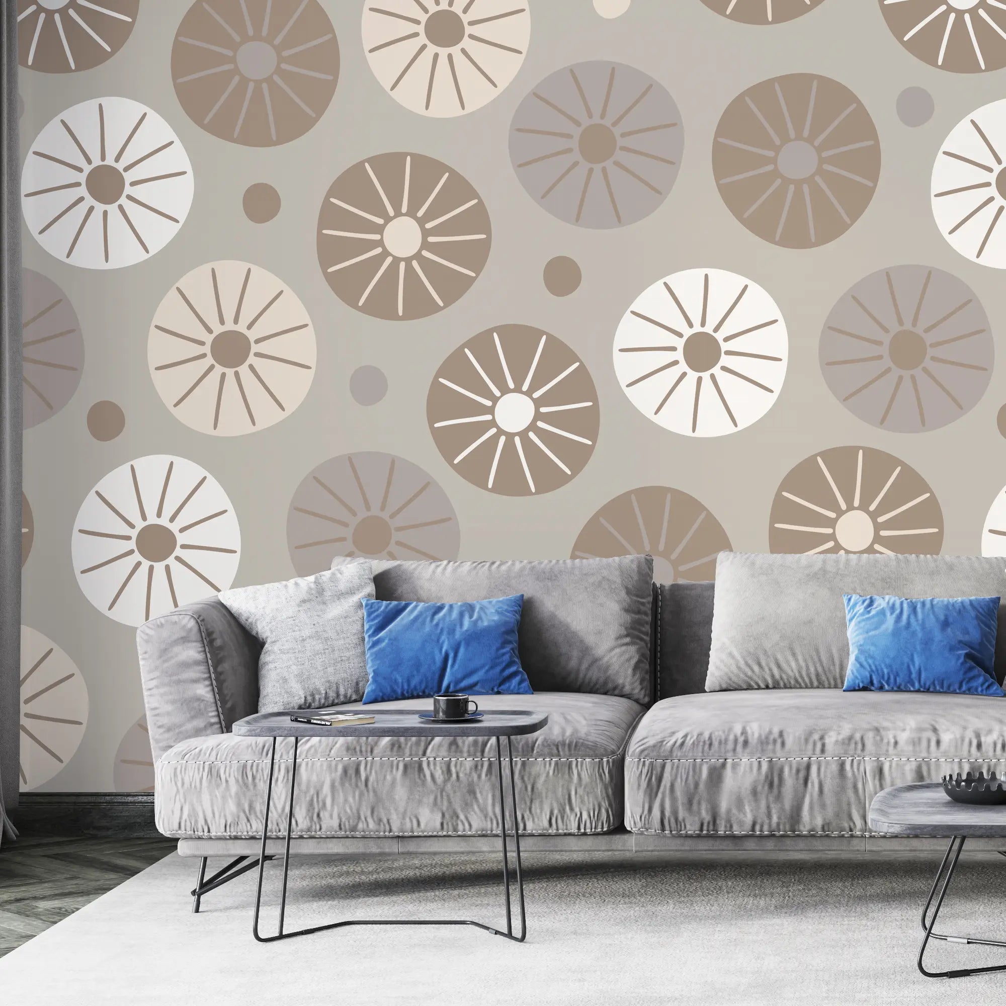 3289 / Mid-Century Modern Floral Wallpaper, Retro Brown and Beige Wall Mural, Geometric Home Decor - Artevella