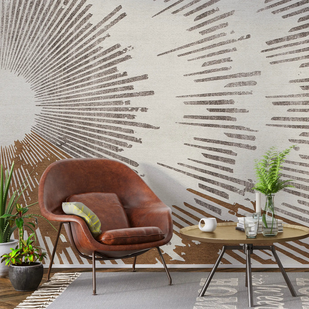 3292 / Abstract Burst Wallpaper, Modern Sunray Wall Mural, Artistic Earth Tone Decor - Artevella