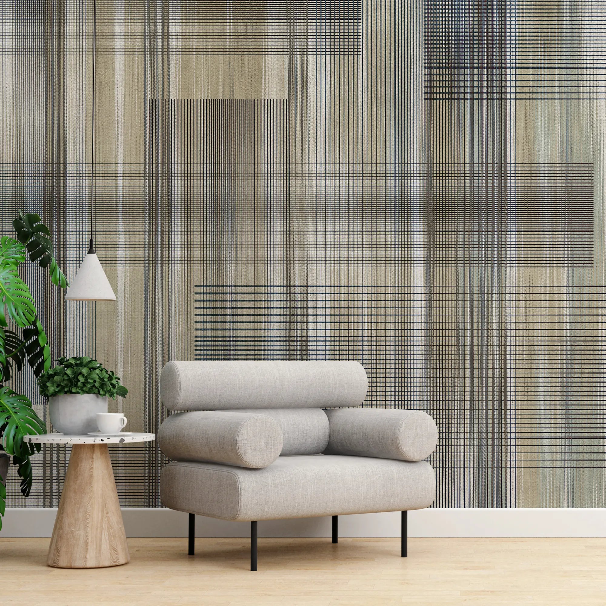 3293 / Abstract Plaid Wallpaper, Contemporary Grid Wall Mural, Neutral Tone Linear Design - Artevella