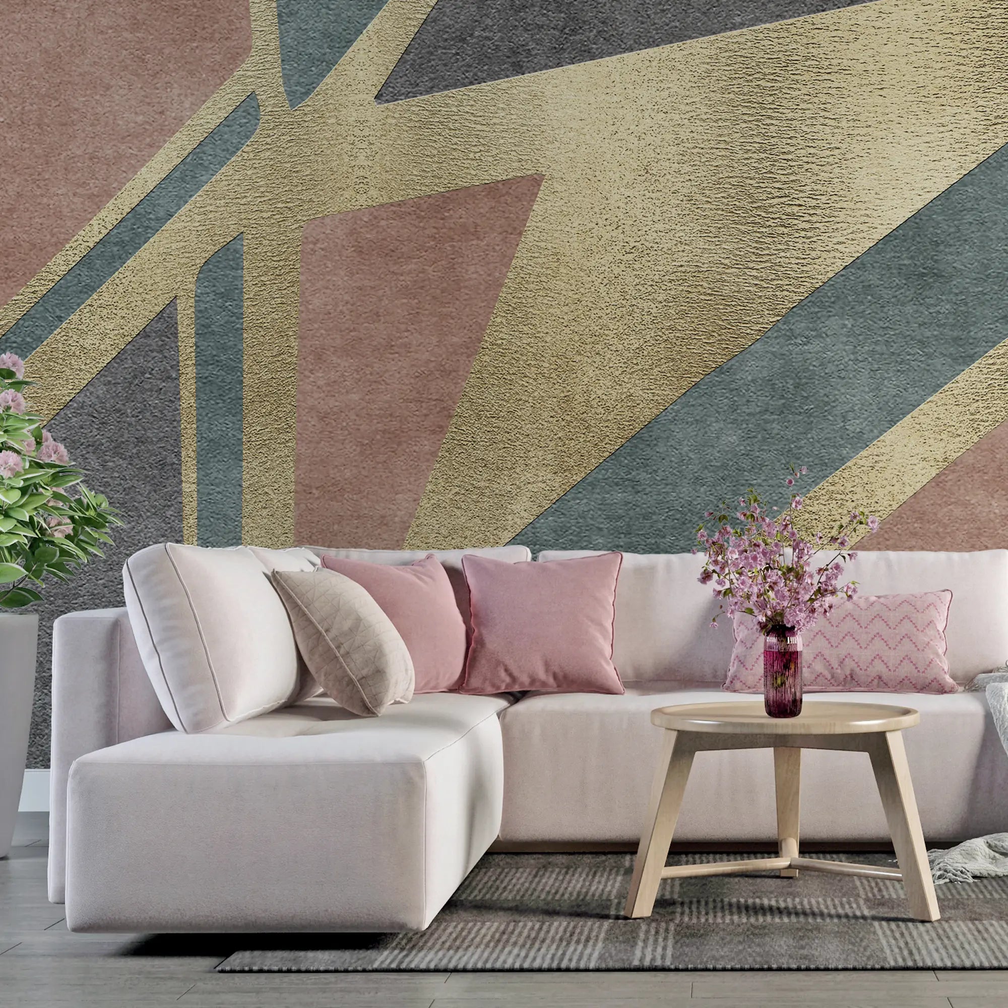 3295 / Art Deco Inspired Geometric Wallpaper, Luxe Gold and Muted Tones Wall Mural, Abstract Shapes Home Decor - Artevella