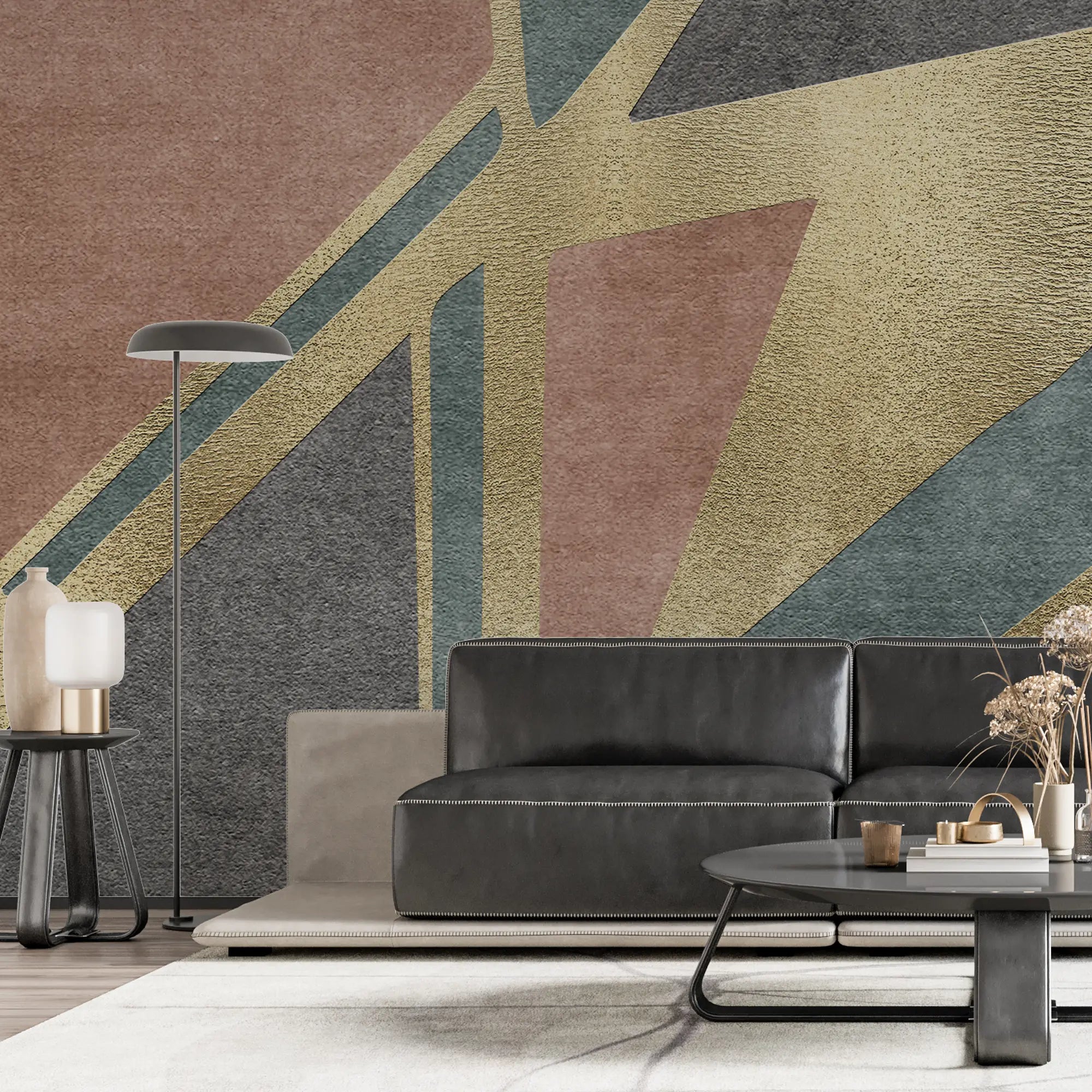 3295 / Art Deco Inspired Geometric Wallpaper, Luxe Gold and Muted Tones Wall Mural, Abstract Shapes Home Decor - Artevella