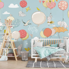 6025 / Bunny and Balloons Peel and Stick Wallpaper - Charming Wall Decoration for Baby and Toddler Bedroom - Artevella