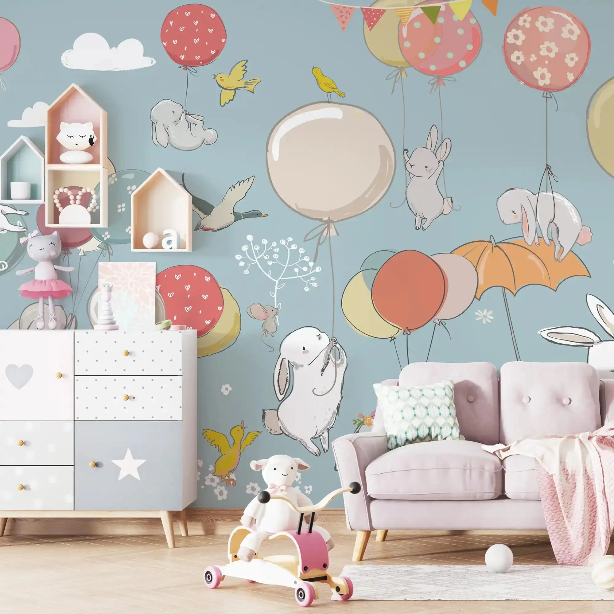 6025 / Bunny and Balloons Peel and Stick Wallpaper - Charming Wall Decoration for Baby and Toddler Bedroom - Artevella