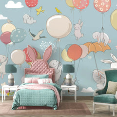 6025 / Bunny and Balloons Peel and Stick Wallpaper - Charming Wall Decoration for Baby and Toddler Bedroom - Artevella