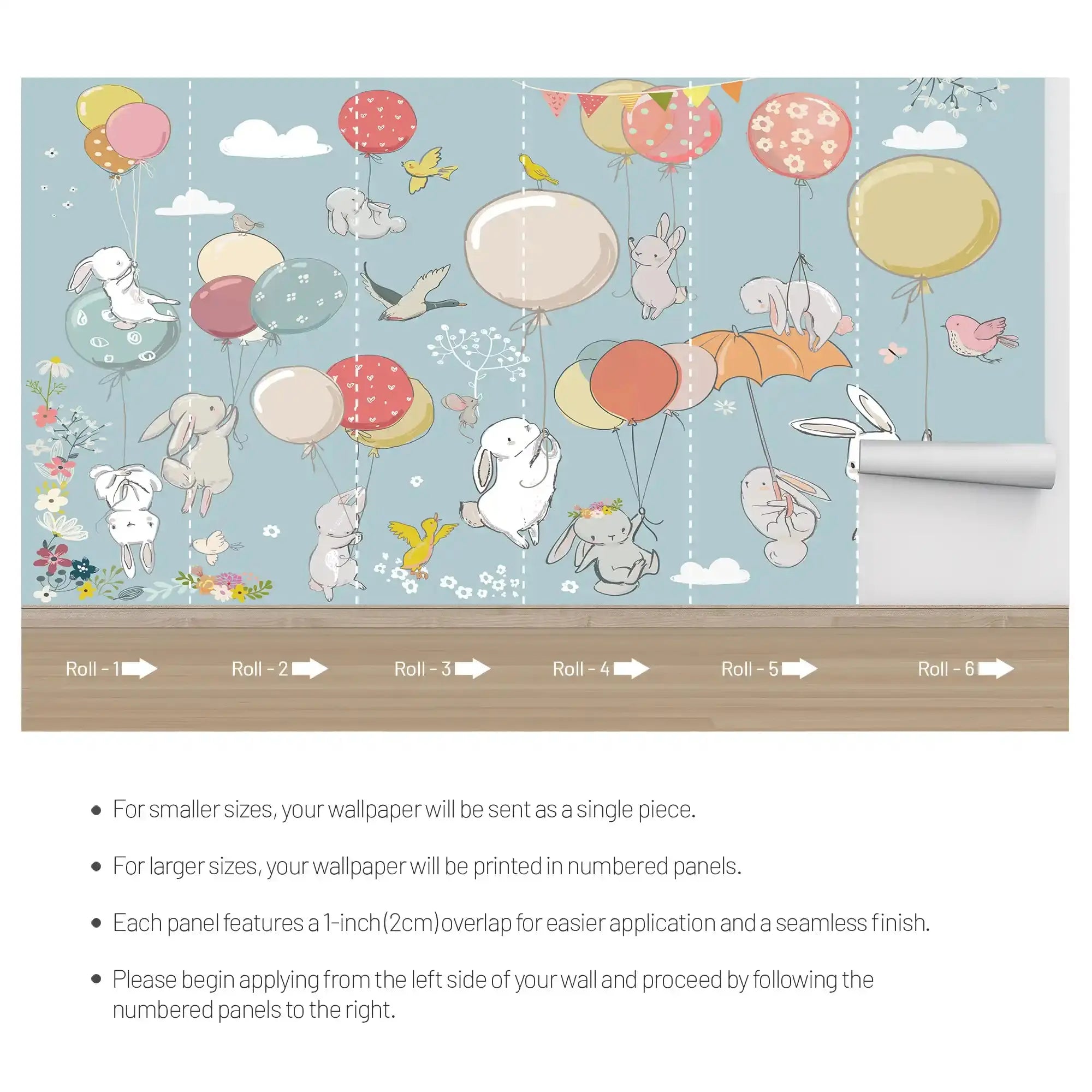 6025 / Bunny and Balloons Peel and Stick Wallpaper - Charming Wall Decoration for Baby and Toddler Bedroom - Artevella