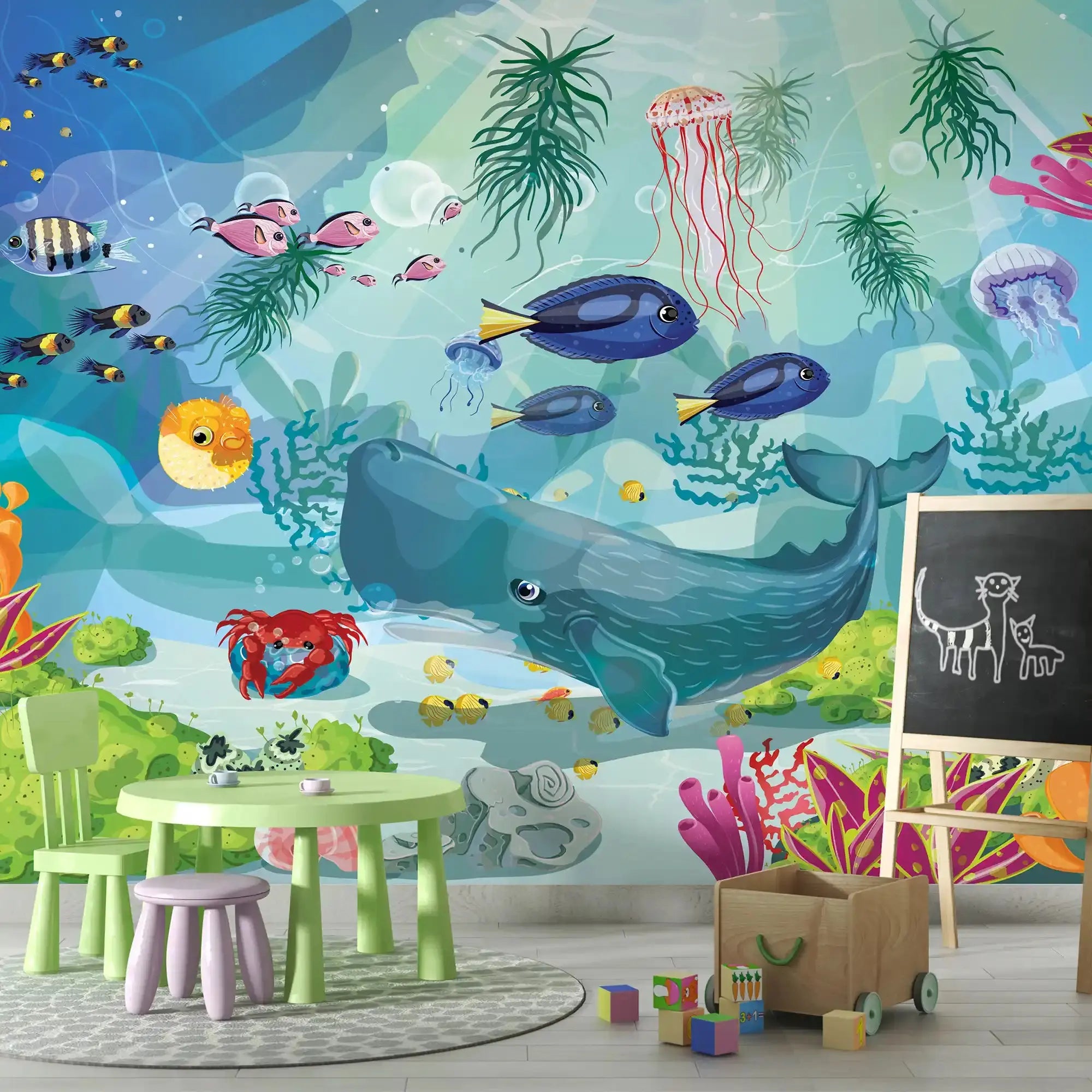 6027 / Ocean Themed Self Stick Wallpaper | Kids Bedroom Decor | Sea Animals and Reefs Wall Decoration - Artevella