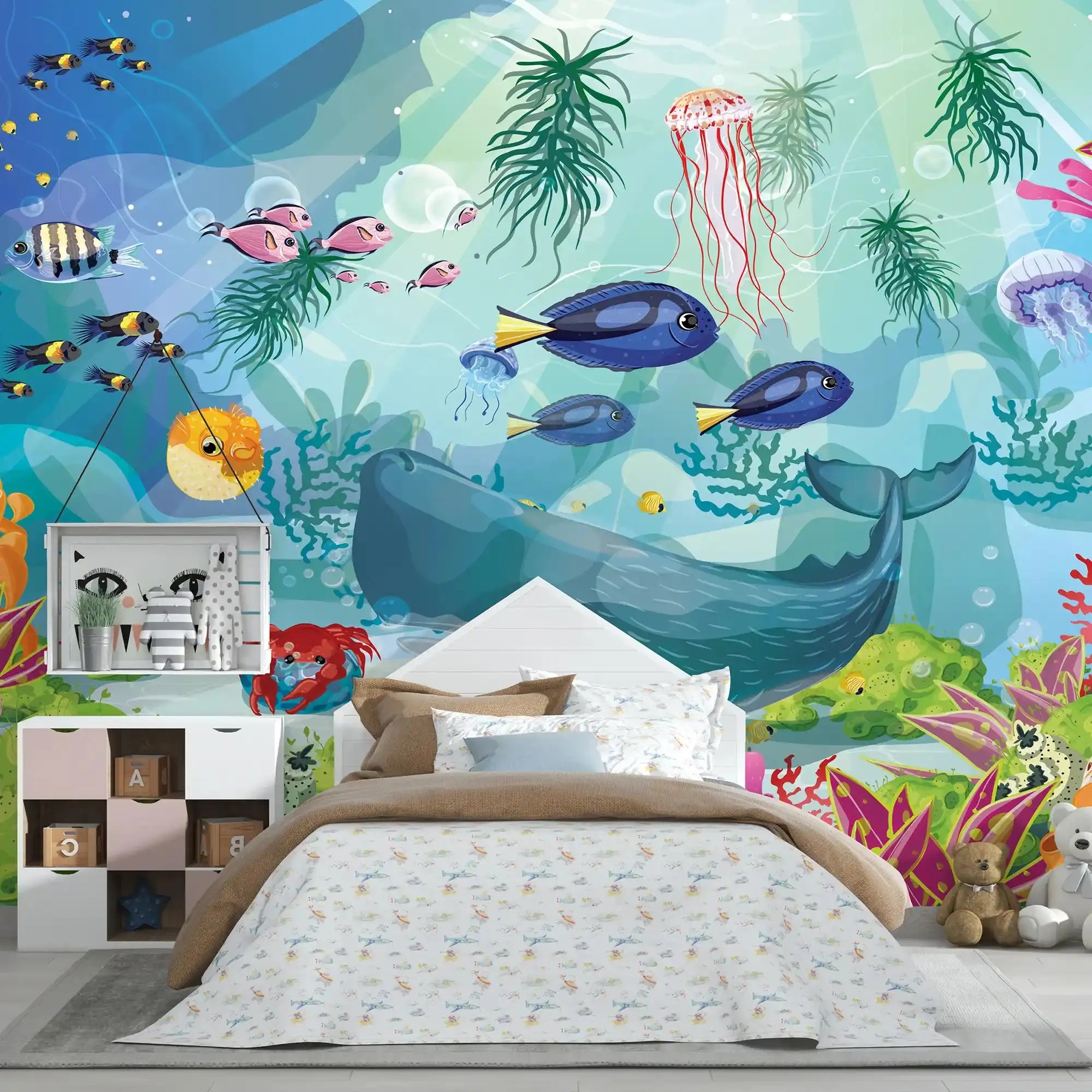 6027 / Ocean Themed Self Stick Wallpaper | Kids Bedroom Decor | Sea Animals and Reefs Wall Decoration - Artevella