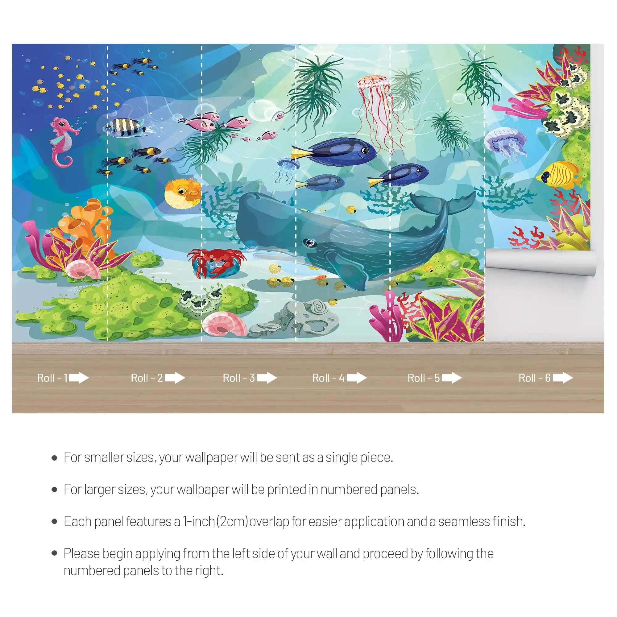 6027 / Ocean Themed Self Stick Wallpaper | Kids Bedroom Decor | Sea Animals and Reefs Wall Decoration - Artevella