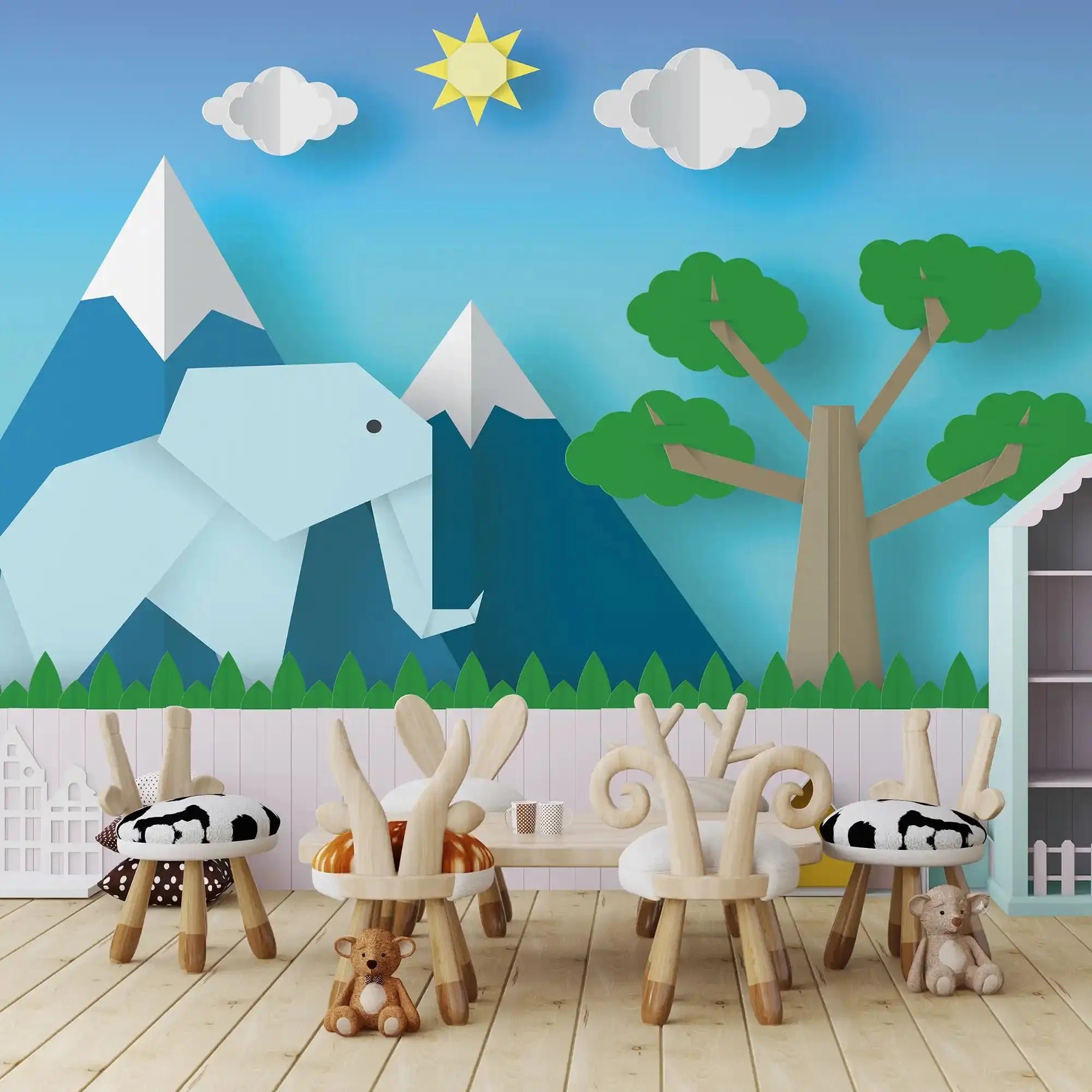 6030 / Peel and Stick Nursery Wallpaper: Origami Elephant, Tree and Mountain Design, Removable Decor for Baby Room, Kid's Bedroom and Playroom - Artevella