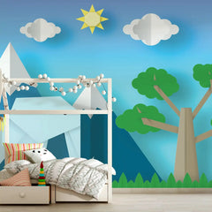 6030 / Peel and Stick Nursery Wallpaper: Origami Elephant, Tree and Mountain Design, Removable Decor for Baby Room, Kid's Bedroom and Playroom - Artevella