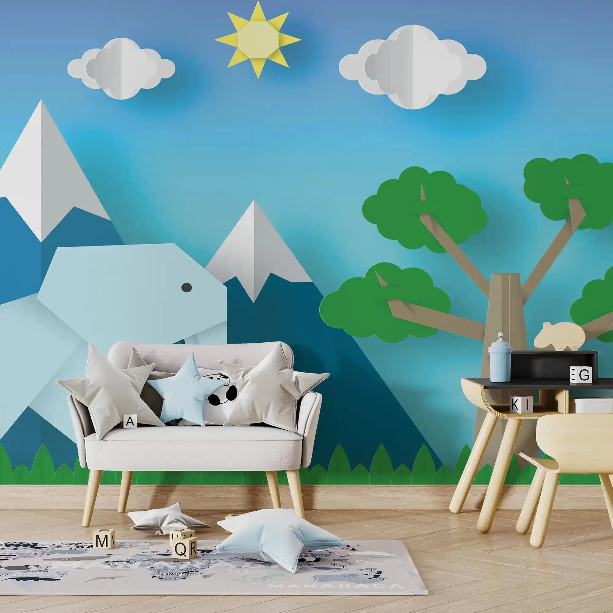 6030 / Peel and Stick Nursery Wallpaper: Origami Elephant, Tree and Mountain Design, Removable Decor for Baby Room, Kid's Bedroom and Playroom - Artevella