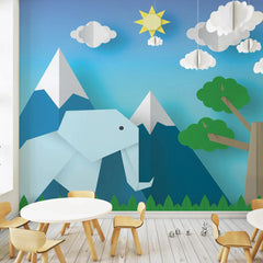 6030 / Peel and Stick Nursery Wallpaper: Origami Elephant, Tree and Mountain Design, Removable Decor for Baby Room, Kid's Bedroom and Playroom - Artevella