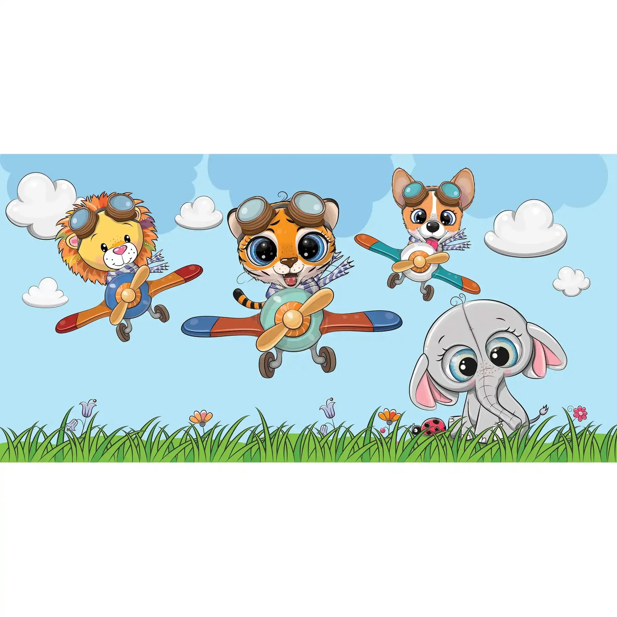 6038 / Fun Wallpaper: Cartoon Animals Flying on Green Field, Peel and Stick Nursery Decor, Easy Apply - Artevella