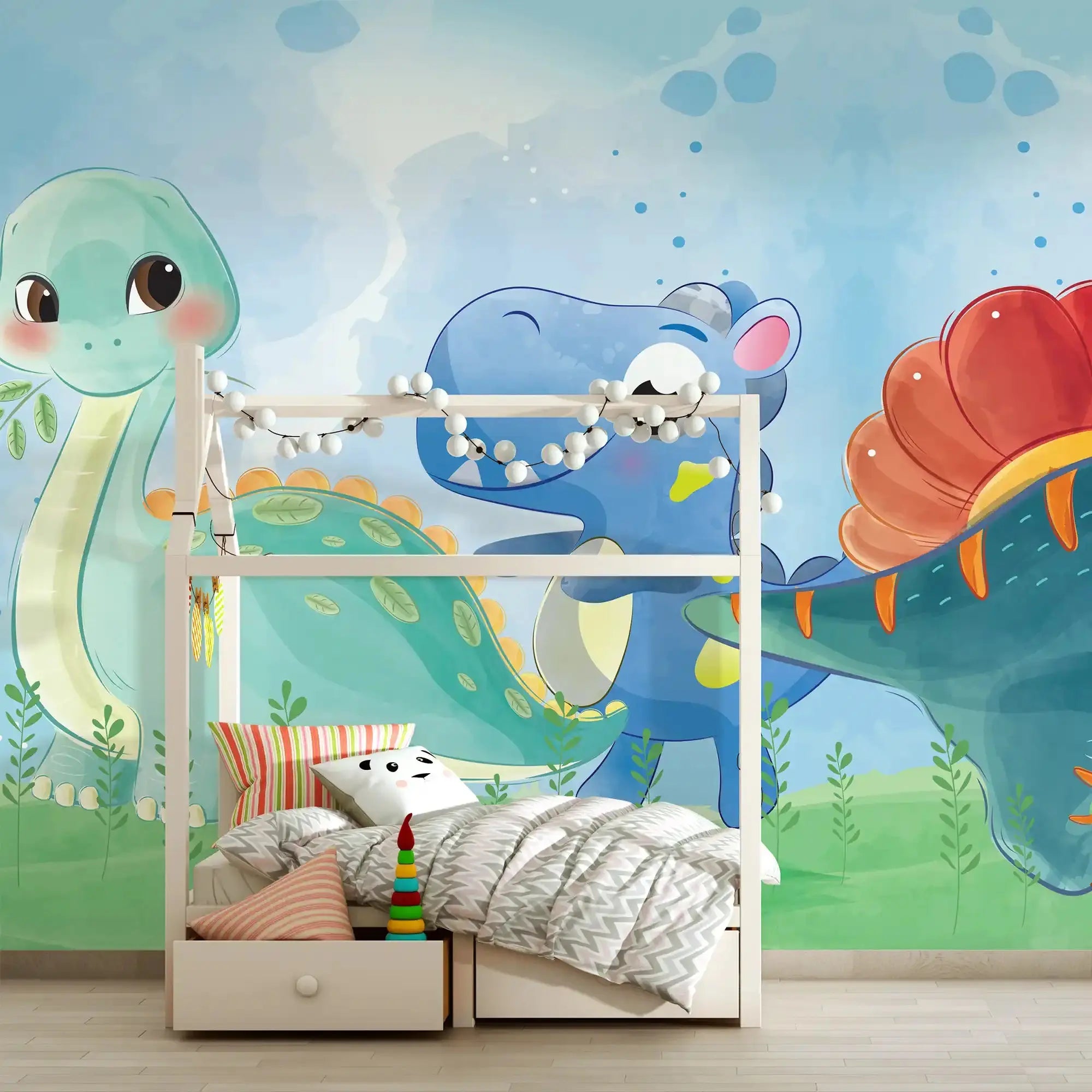 6042 / Nursery Room Peel and Stick Wallpaper: Three Cartoon Dinosaurs Mural for Kids Bedroom Decor and Playroom Fun - Artevella