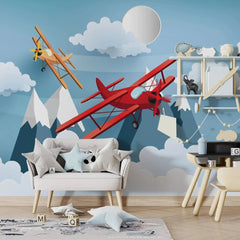 6043 / Kids Room Wallpaper: Peel and Stick Decals with Colorful Airplanes Design, Perfect for Nursery and Toddler Bedroom - Artevella