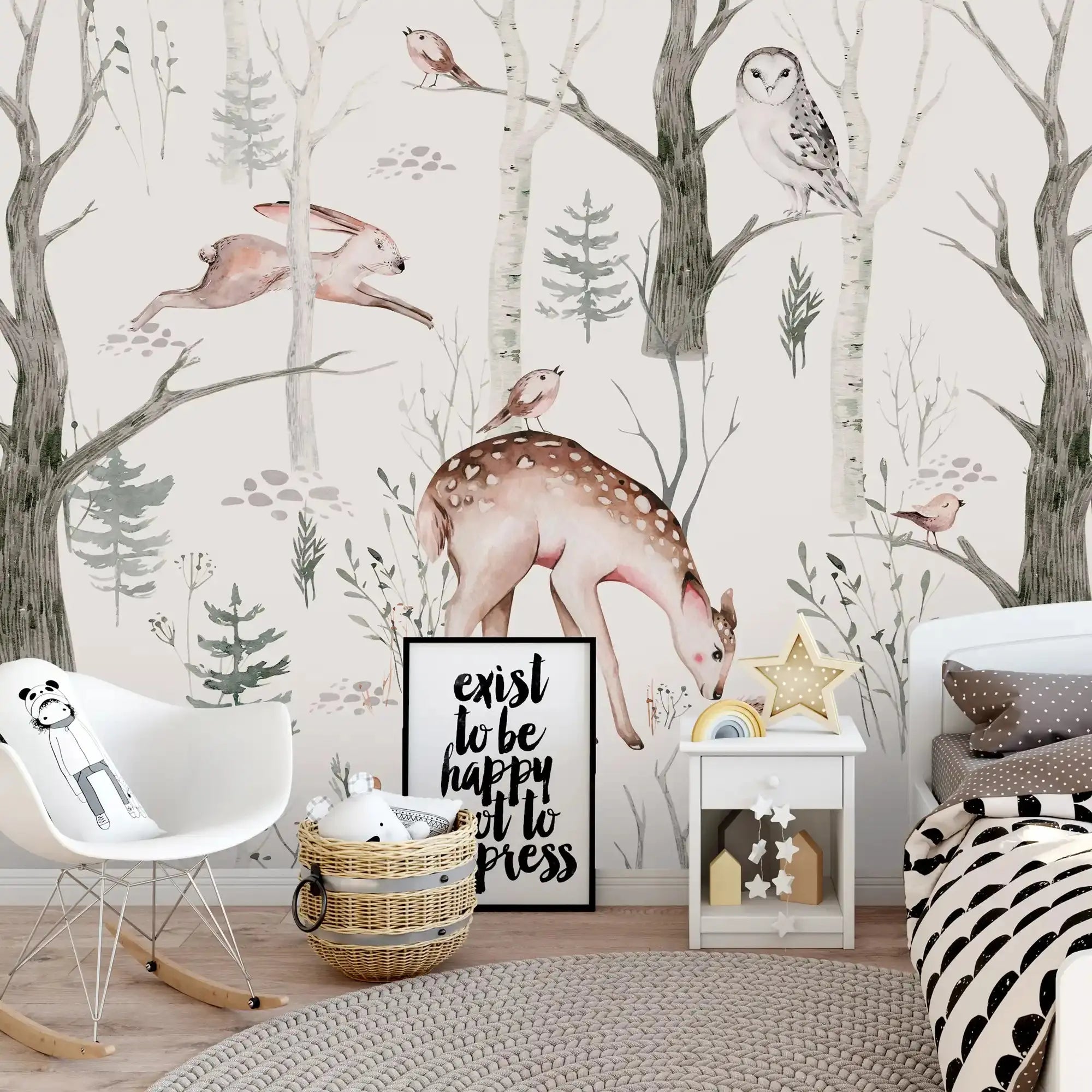 6050 / Kids Room Wallpaper with Cute Deer and Birds - Peel and Stick Mural for Baby Nursery Kids Room Decor - Artevella