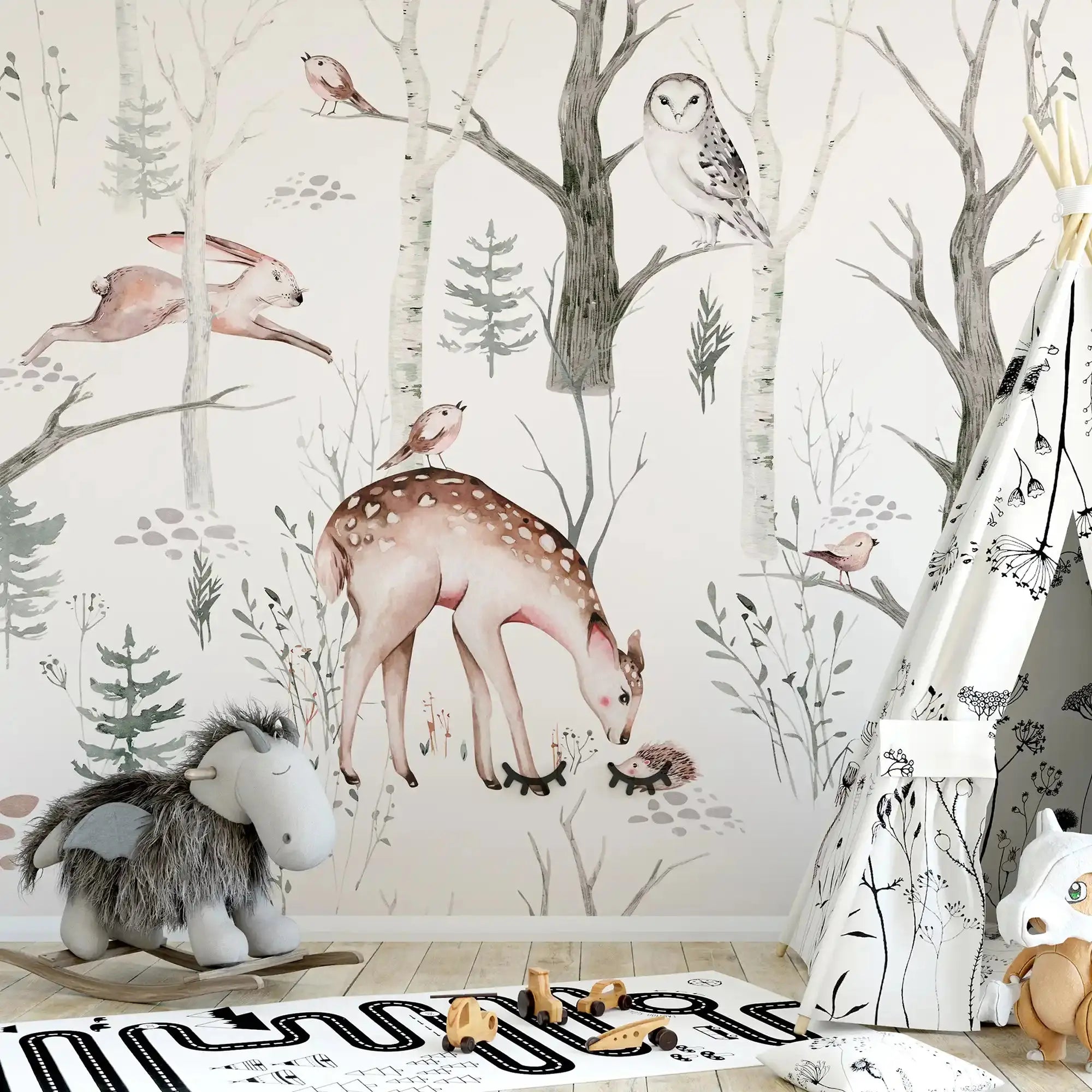 6050 / Kids Room Wallpaper with Cute Deer and Birds - Peel and Stick Mural for Baby Nursery Kids Room Decor - Artevella