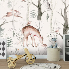 6050 / Kids Room Wallpaper with Cute Deer and Birds - Peel and Stick Mural for Baby Nursery Kids Room Decor - Artevella