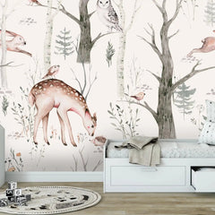 6050 / Kids Room Wallpaper with Cute Deer and Birds - Peel and Stick Mural for Baby Nursery Kids Room Decor - Artevella