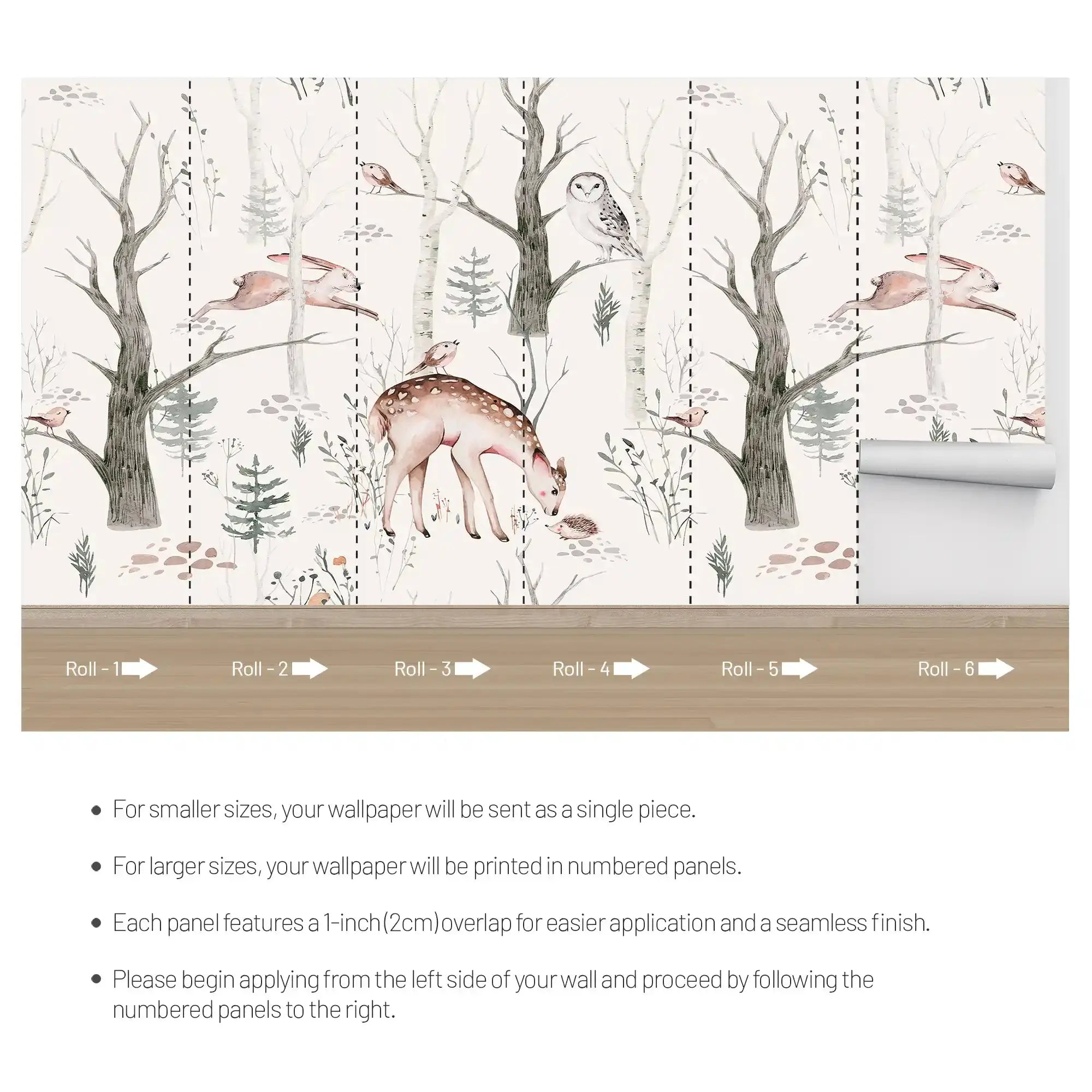 6050 / Kids Room Wallpaper with Cute Deer and Birds - Peel and Stick Mural for Baby Nursery Kids Room Decor - Artevella