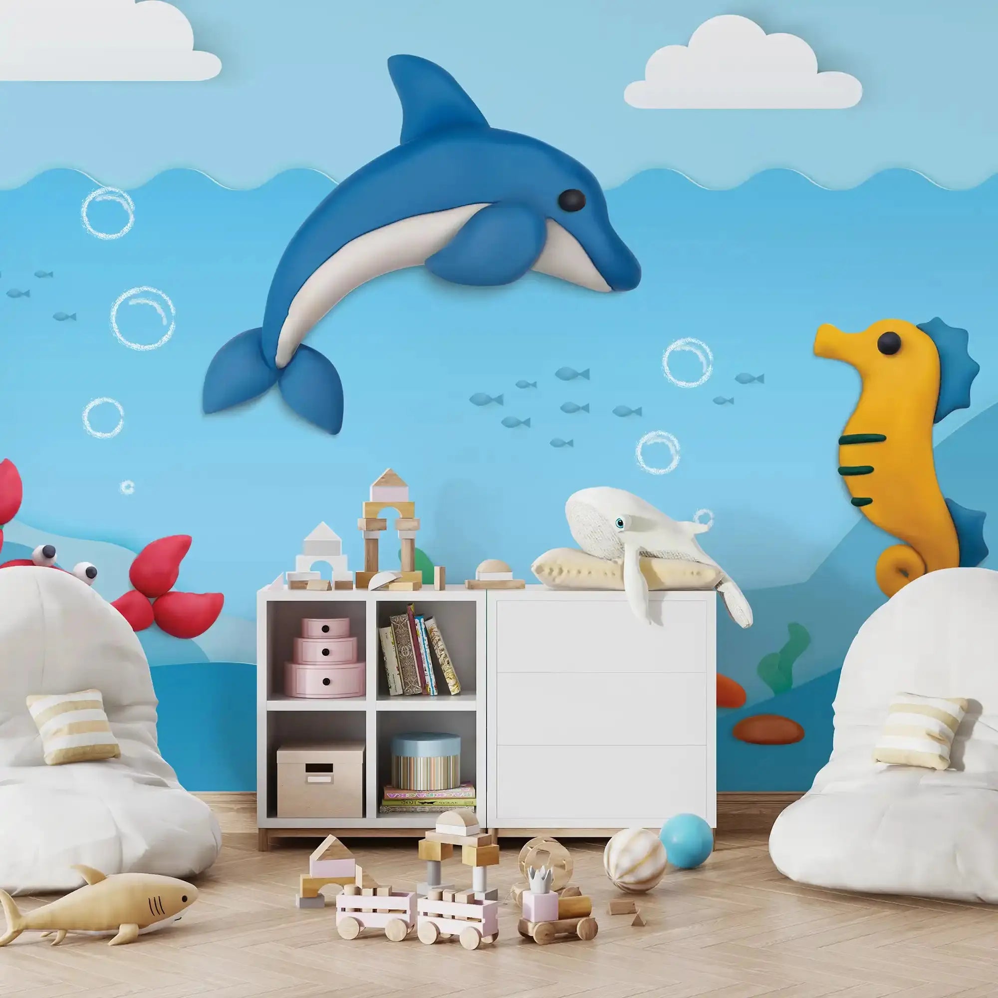 6063 Baby Room Wallpaper: Cute Fish, Dolphin, Turtle Design
