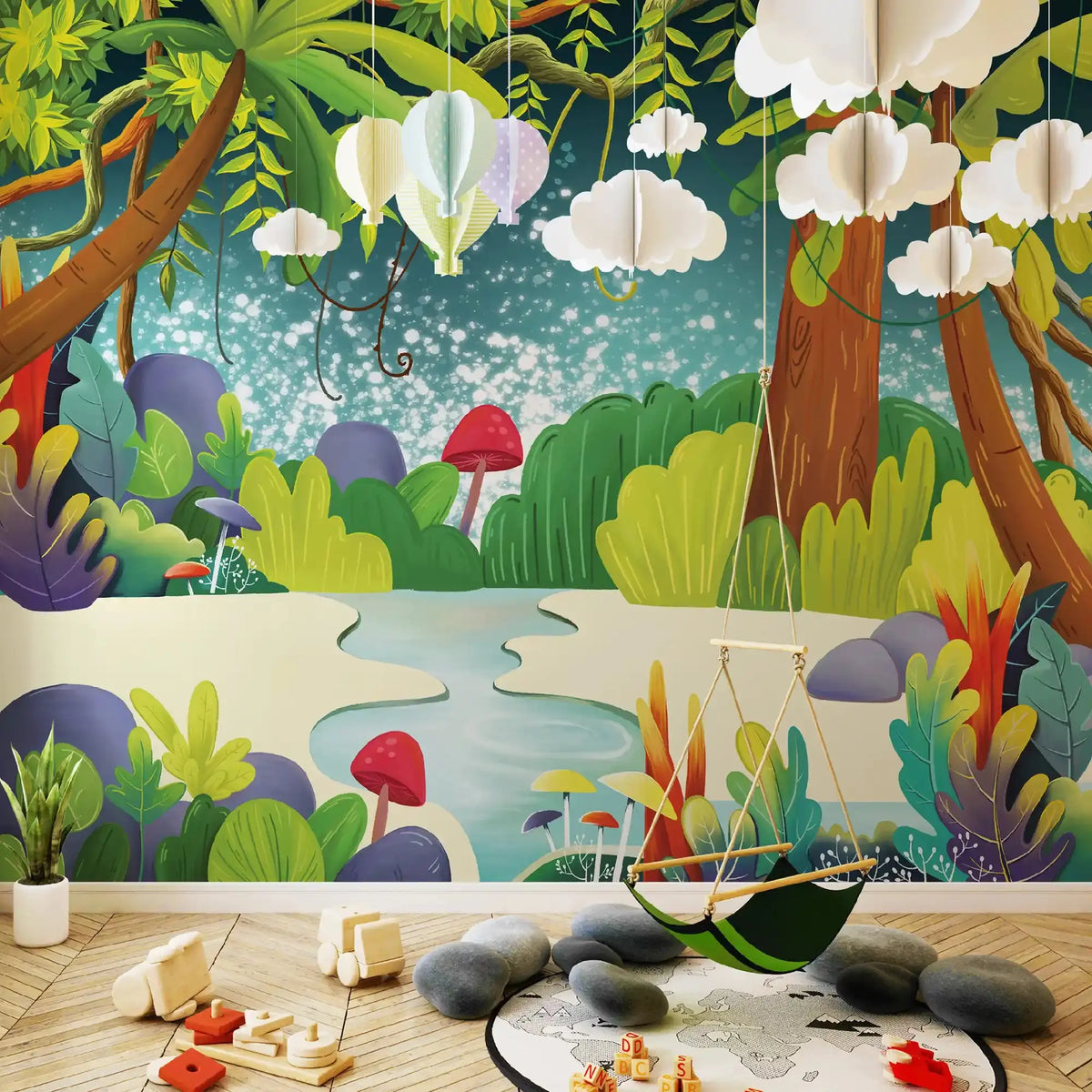 6065 / Vibrant Jungle Landscape Wall Decal, Self Adhesive and Temporary Nursery Wallpaper - Artevella