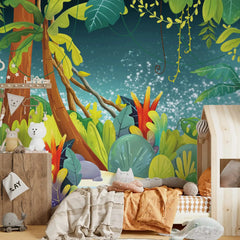 6065 / Vibrant Jungle Landscape Wall Decal, Self Adhesive and Temporary Nursery Wallpaper - Artevella