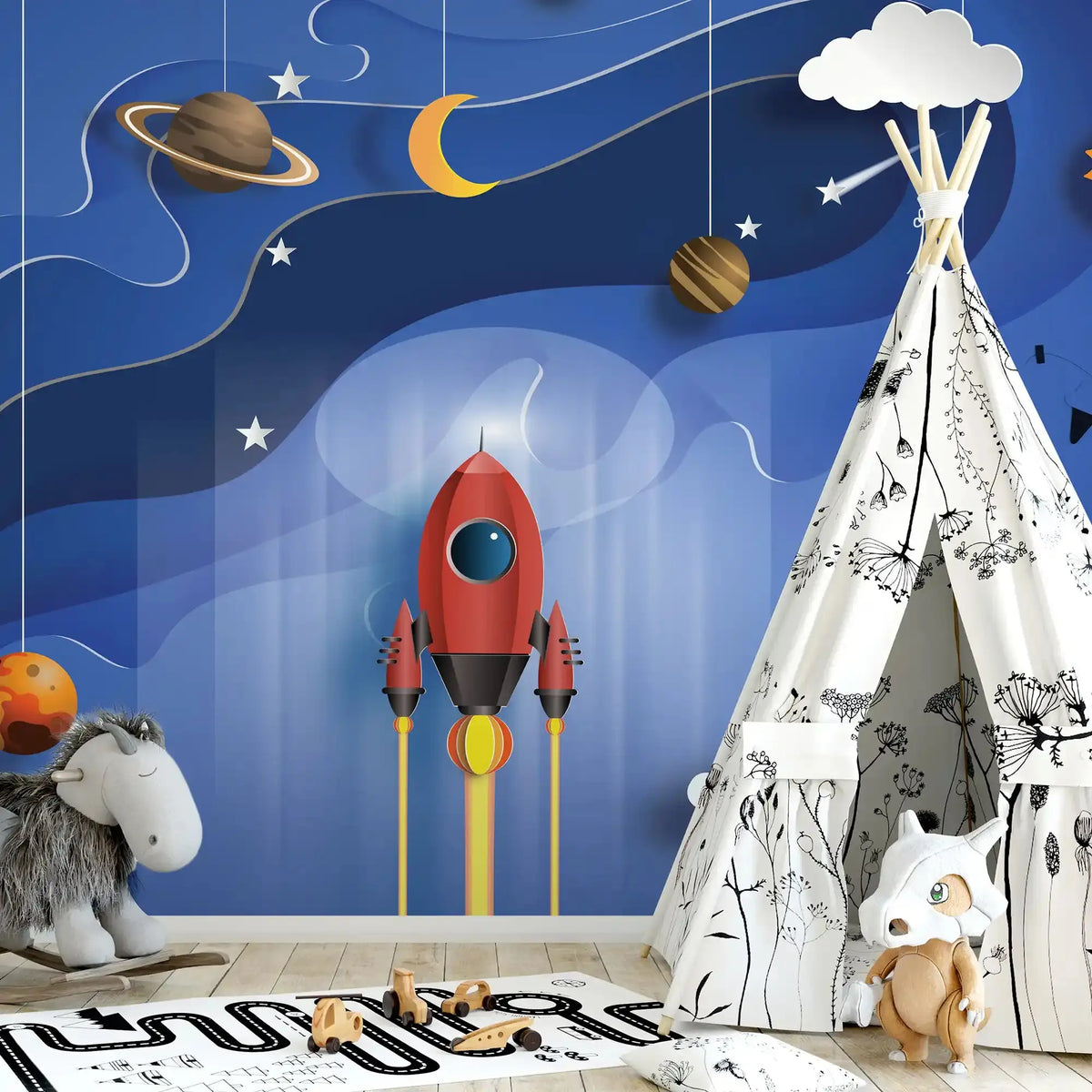 6068 / Rocket Adventure Peel and Stick Wallpaper, Self-Adhesive Mural for Kids Room and Nursery Decor, Removable Space Themed Decals - Artevella