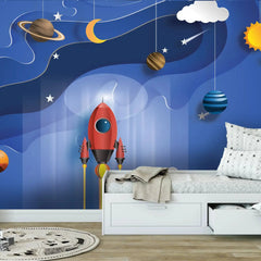 6068 / Rocket Adventure Peel and Stick Wallpaper, Self-Adhesive Mural for Kids Room and Nursery Decor, Removable Space Themed Decals - Artevella