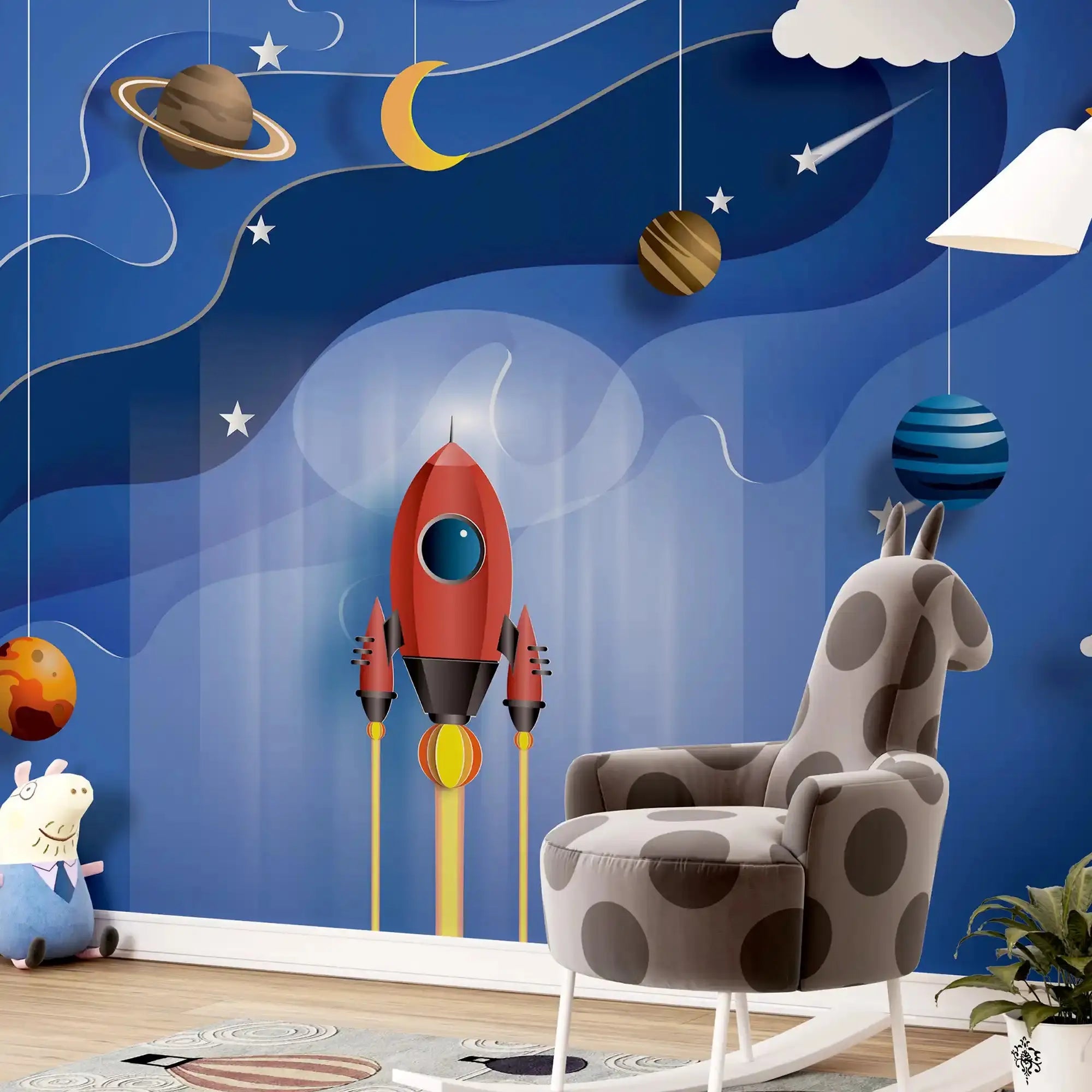 6068 / Rocket Adventure Peel and Stick Wallpaper, Self-Adhesive Mural for Kids Room and Nursery Decor, Removable Space Themed Decals - Artevella