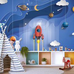 6068 / Rocket Adventure Peel and Stick Wallpaper, Self-Adhesive Mural for Kids Room and Nursery Decor, Removable Space Themed Decals - Artevella