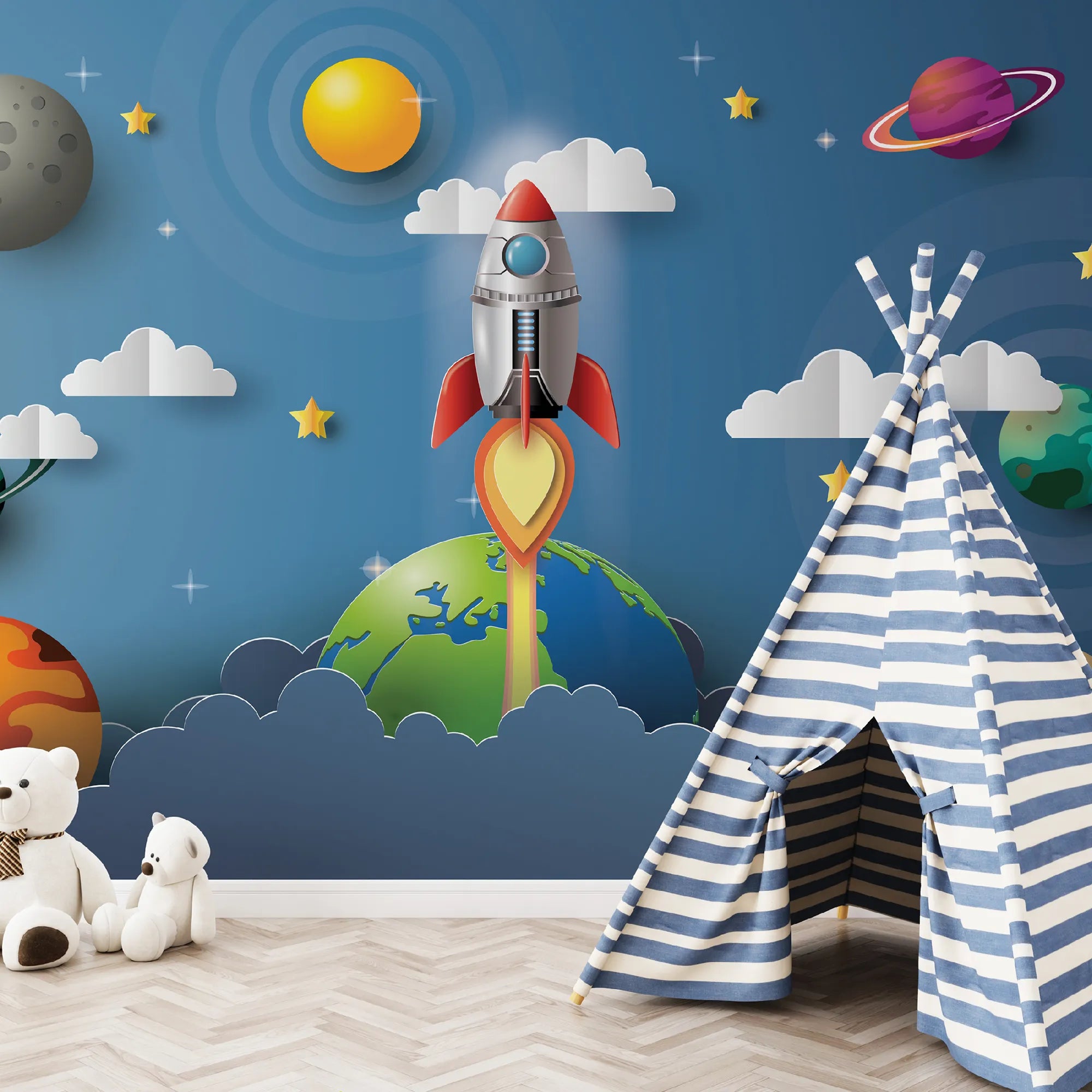 6069 / Nursery Decor, Space Adventure Wallpaper, Peel and Stick, Ideal for Baby Room, Kid’s Bedroom, and Playroom