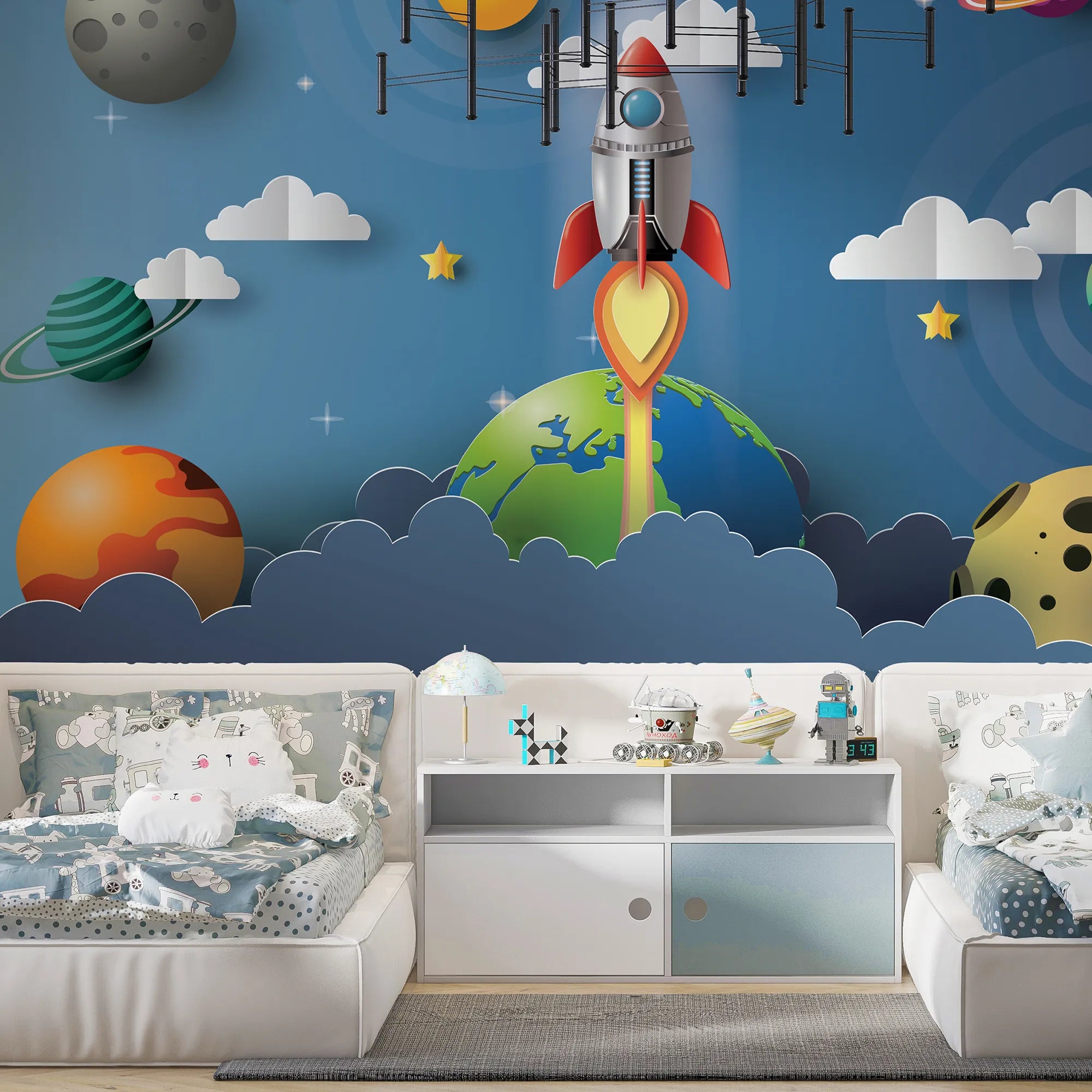 6069 / Nursery Decor, Space Adventure Wallpaper, Peel and Stick, Ideal for Baby Room, Kid’s Bedroom, and Playroom