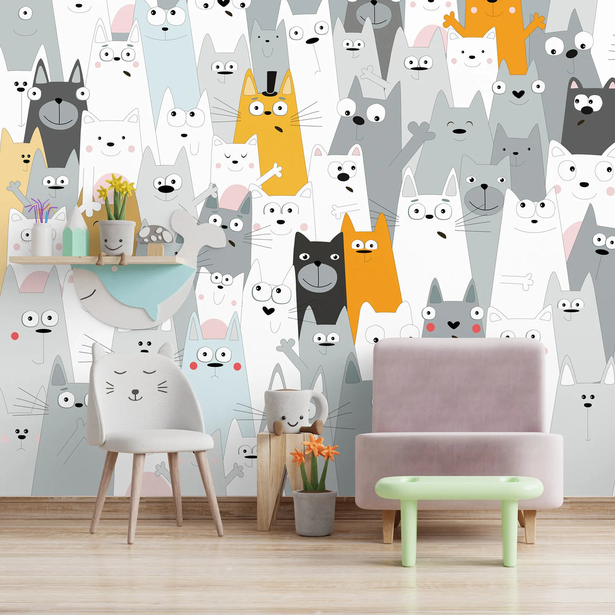 6070 / Cute Cats Peel and Stick Wallpaper for Nursery, Kids Room, Playroom Decor, Easy to Apply and Remove