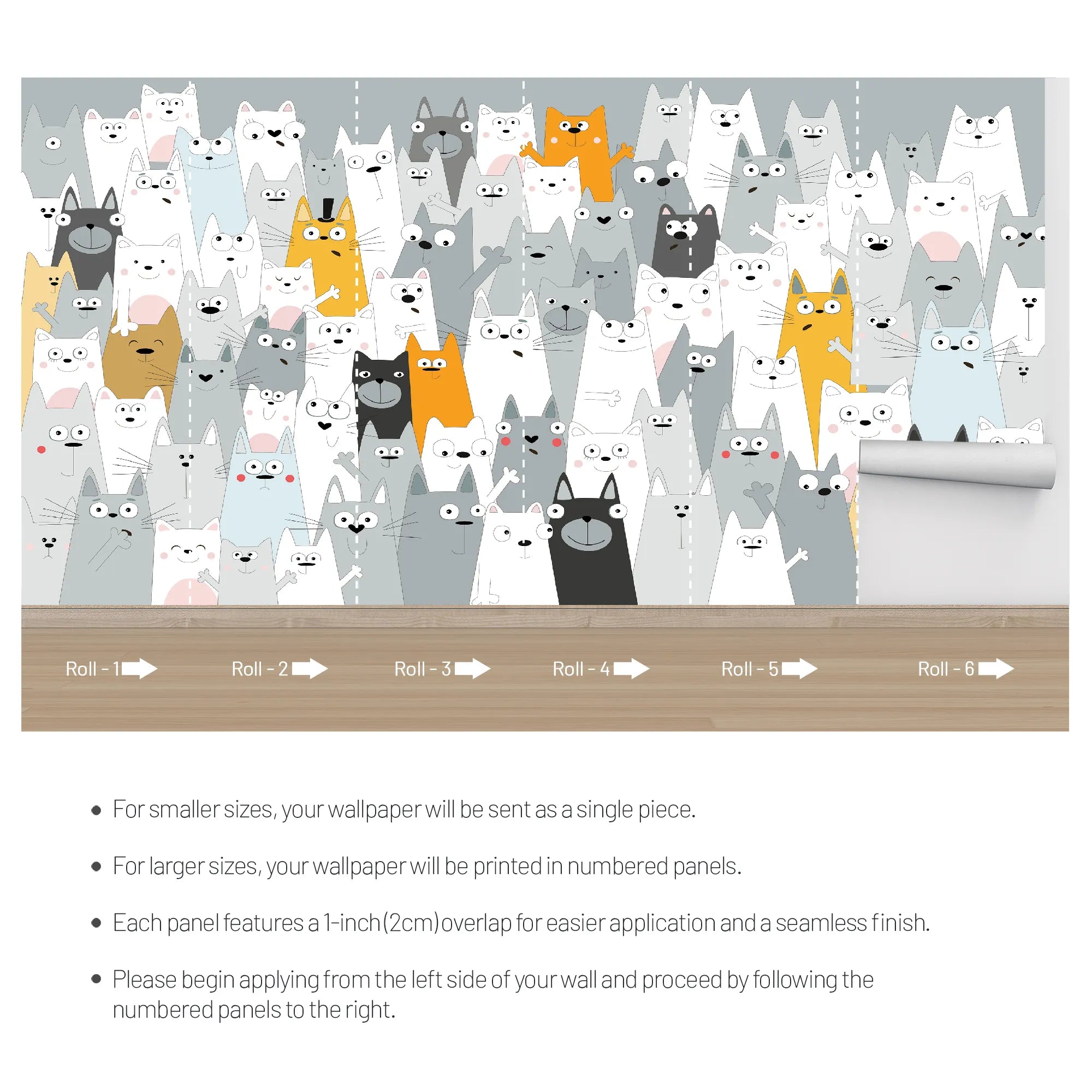 6070 / Cute Cats Peel and Stick Wallpaper for Nursery, Kids Room, Playroom Decor, Easy to Apply and Remove