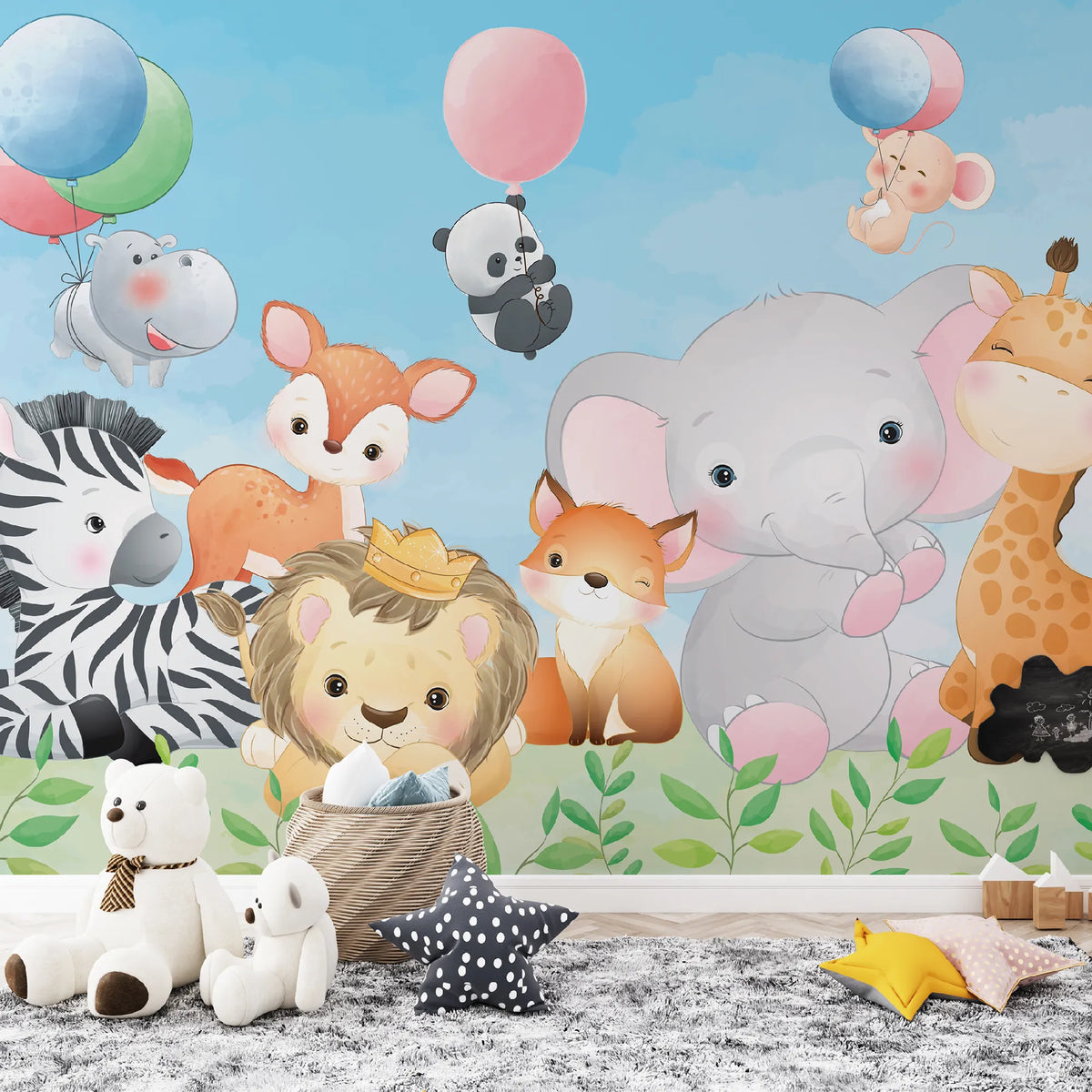 6071 / Nursery Decor Peel and Stick Wallpaper - Baby Animals Chasing Balloons for Kids Room Decor