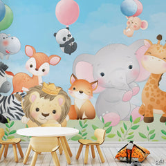 6071 / Nursery Decor Peel and Stick Wallpaper - Baby Animals Chasing Balloons for Kids Room Decor