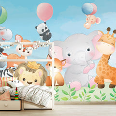 6071 / Nursery Decor Peel and Stick Wallpaper - Baby Animals Chasing Balloons for Kids Room Decor