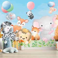 6071 / Nursery Decor Peel and Stick Wallpaper - Baby Animals Chasing Balloons for Kids Room Decor