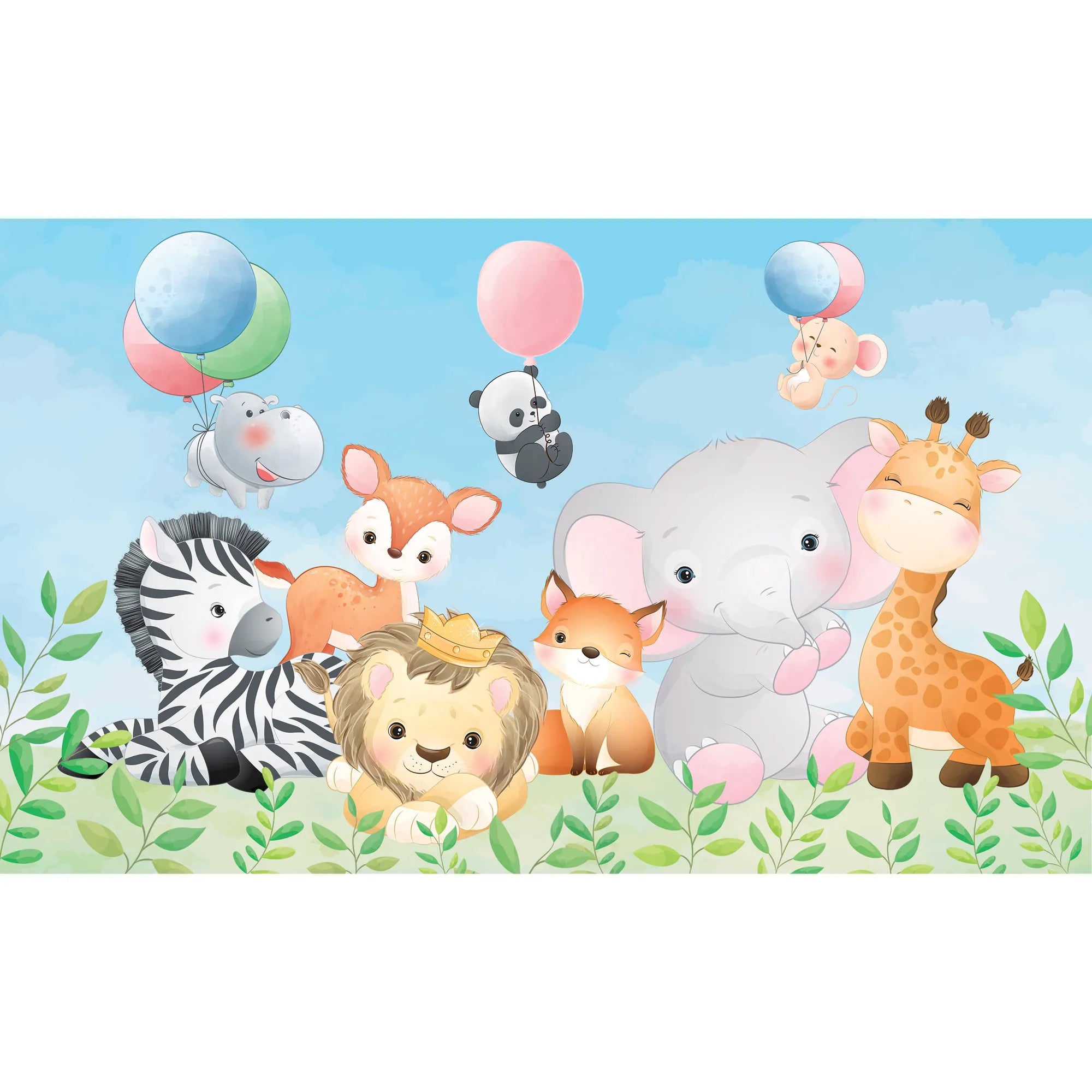 6071 / Nursery Decor Peel and Stick Wallpaper - Baby Animals Chasing Balloons for Kids Room Decor