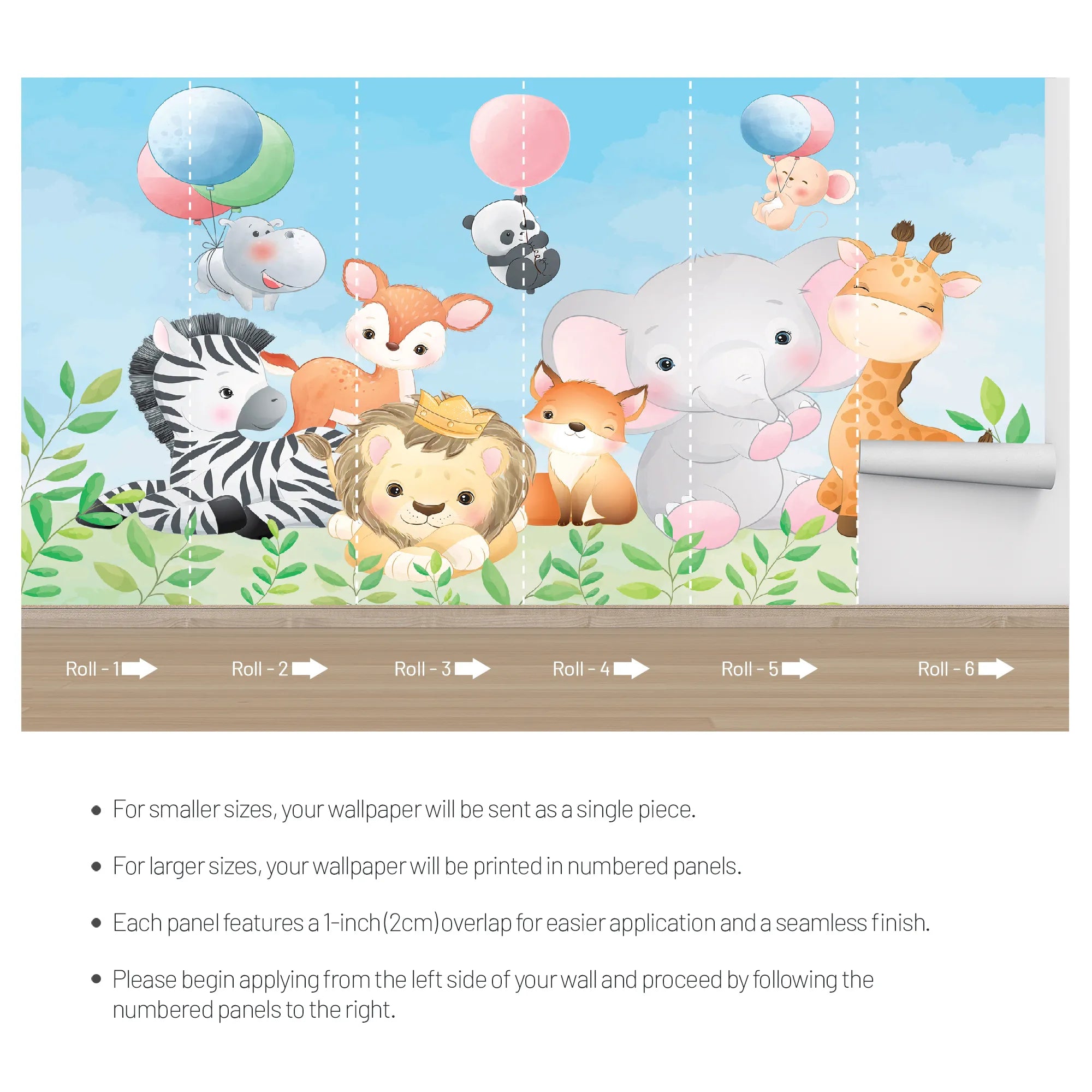 6071 / Nursery Decor Peel and Stick Wallpaper - Baby Animals Chasing Balloons for Kids Room Decor