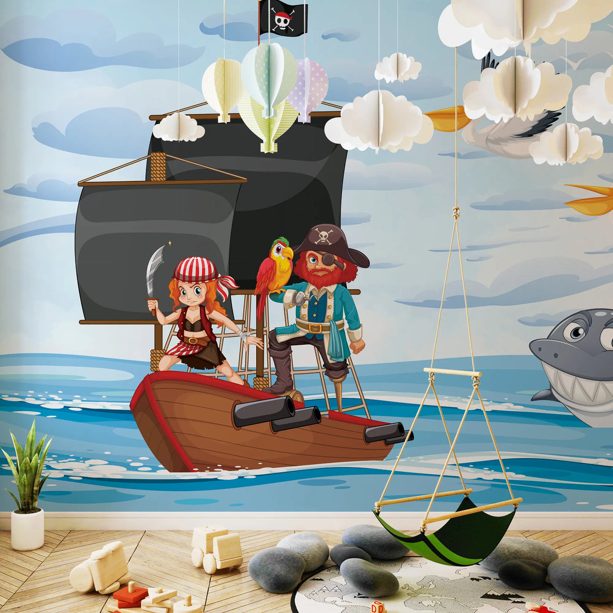 6073 / Fun Dolphin Pirate Theme Removable Wallpaper for Toddler Bedroom and Playroom Decor